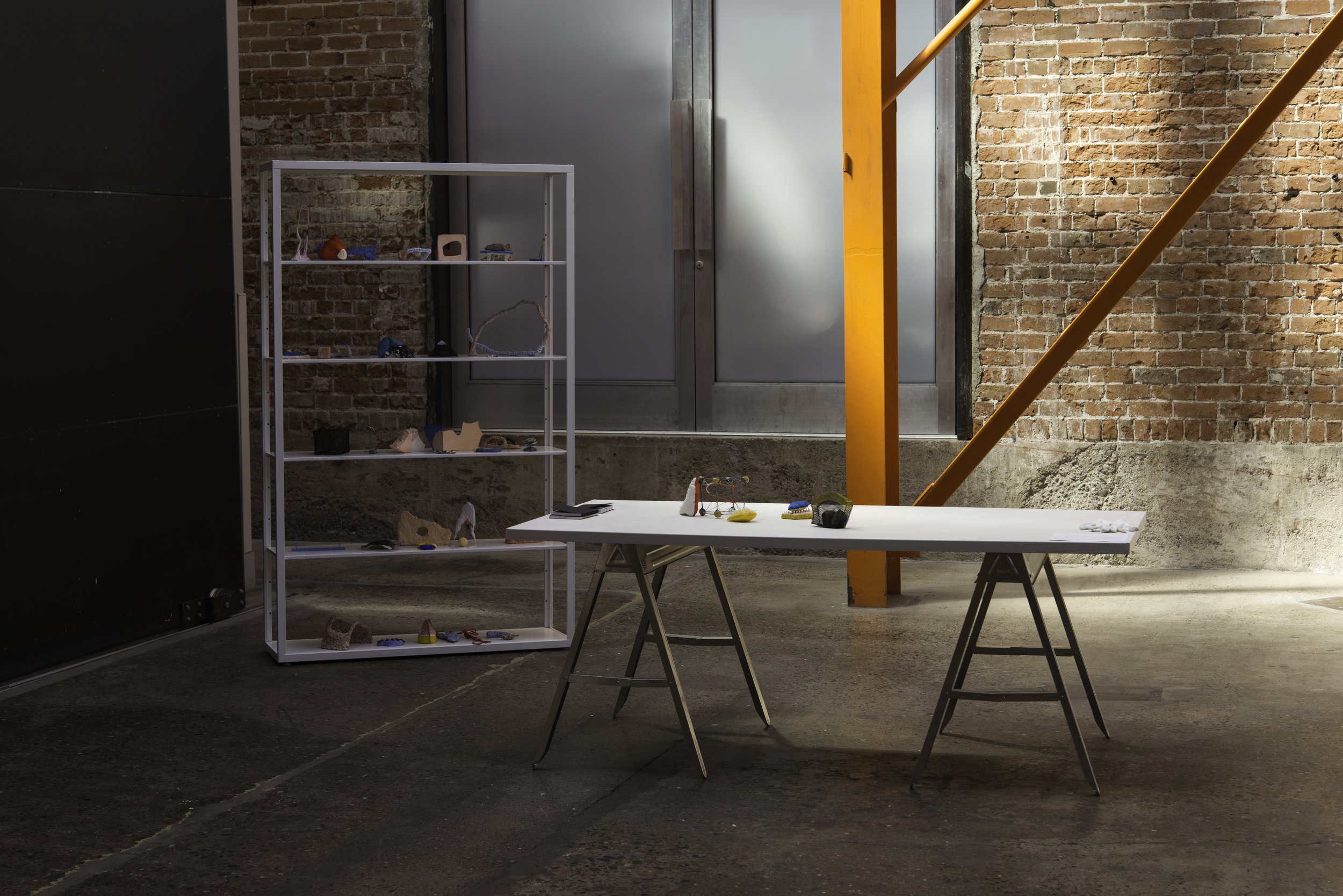   Like a Rock  (Installation and Interactive view), 2019  Dimensions variable  41 Interactive mixed media objects and three accompanying books, table, gloves, shelving unit, From MFA Thesis exhibition,  Like a ______   Image Credit: Ryan Parra 