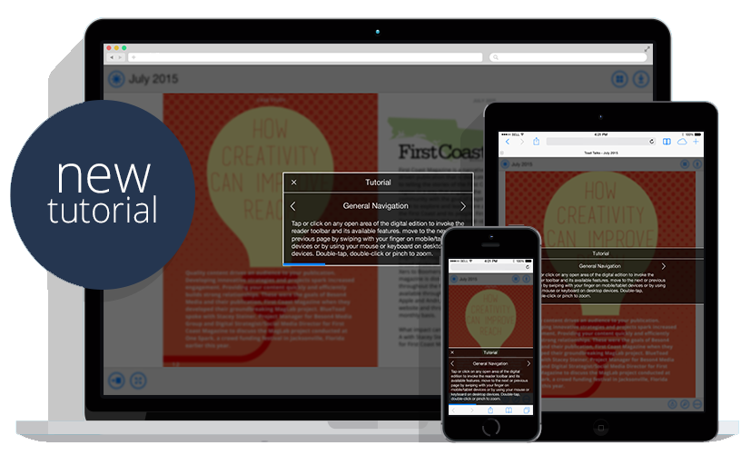 The HTML 5 tutorial prompts upon a reader's first interaction with the Flip Page edition.