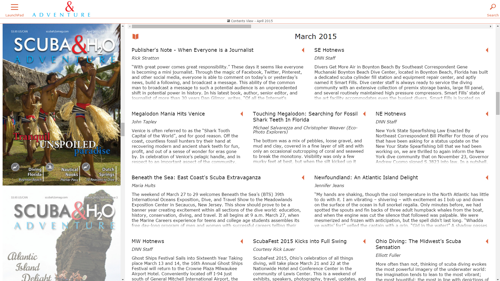 A click or tap on the 'Contents View' displays all of the LiLy enhanced article content within the publication.
