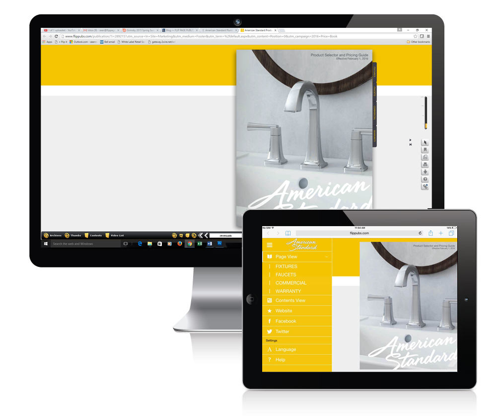 Whether on desktop or tablet, the American Standard brand and colour scheme is displayed prominently.