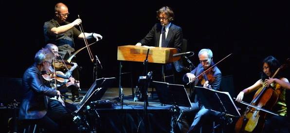 DC and Jarvis Cocker with Kronos Quartet playing KERF at Barbican Hall, 13 May 2014 (Photo by Mark Allen)