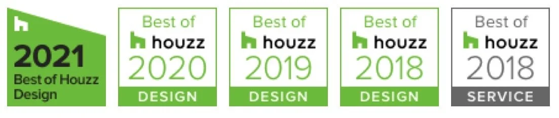 J.P. DiMisa Luxury Homes, Inc. award badges for Best of Houzz from 2018 to 2021, with design and service categories, in green and gray colors.