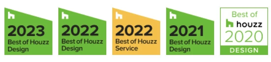 Series of five award badges from Houzz, recognizing best design or service from 2020 to 2023, with green and orange backgrounds and the Houzz logo.