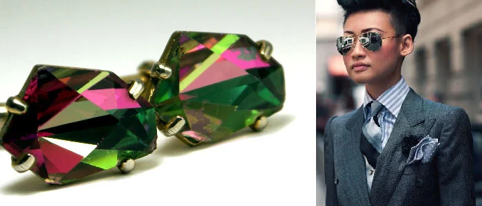 Esther Quek can rock a suit! www. estherquek .com/ A fearless lady, Esther Quek is the distinguished group fashion and beauty director of luxury publications. Featured are a pair of amazing watermelon crystal cufflinks for ladies.