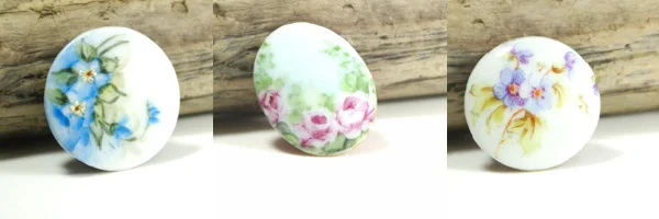 Our latest line is the Victorian Hand Painted Porcelain Button. Beautifully feminine and timeless design. Each artist's personal artistic style reflected in each design.