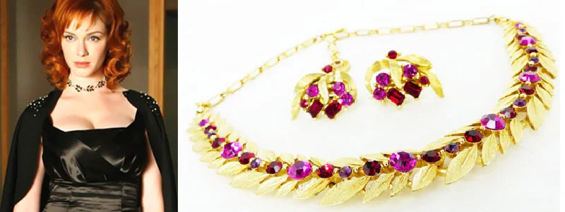 Raspberry rhinestone crystal choker necklace & earring set estate sale find