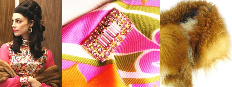 MOD hot pink paisley LOVE. Pink baguette crystal "Chick Magnet" Mag TAK. with fox fur wrap