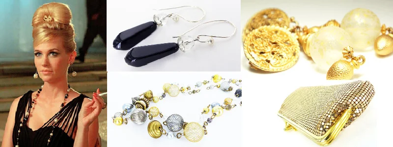Gorgeous long strand bauble necklace, Dangle drop glass bubble earrings, gold metal mesh purse and teardrop black glass evening dangle earrings
