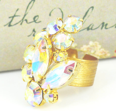 Iridescent Czech crystal adjustable statement cocktail ring, doubles as a scarf ring holder.