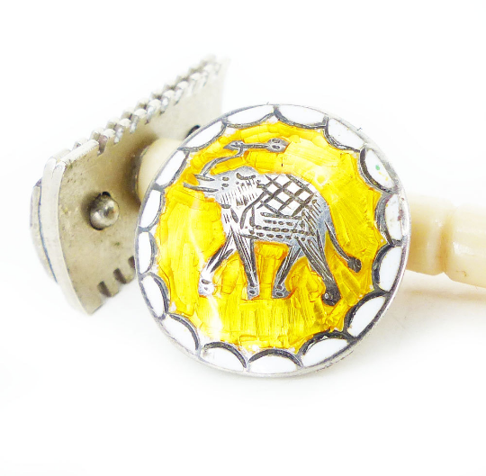 Lemon yellow enamel and silver elephant magnetic tie tack and lapel pin