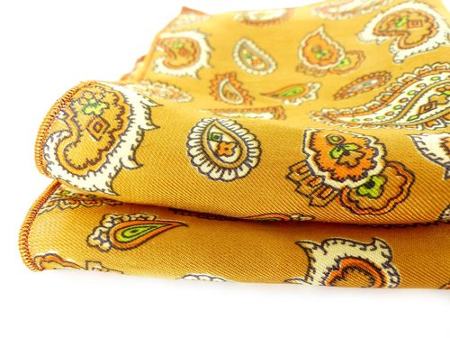 Gold & burnt orange mod paisley silk pocket square. Mr & Mrs Renaissance