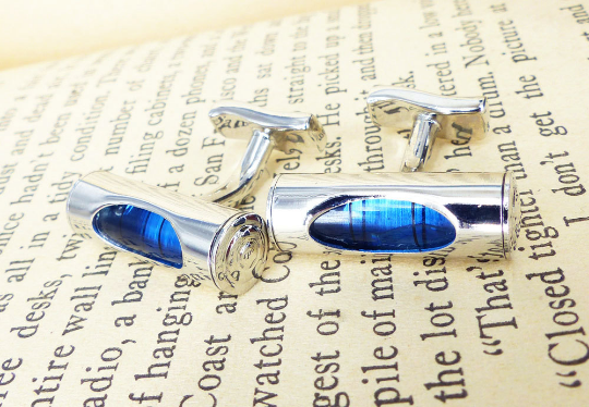 Mechanical blue spirit level silver set of cufflinks. Rare & antique cufflinks MRM-accessories.com