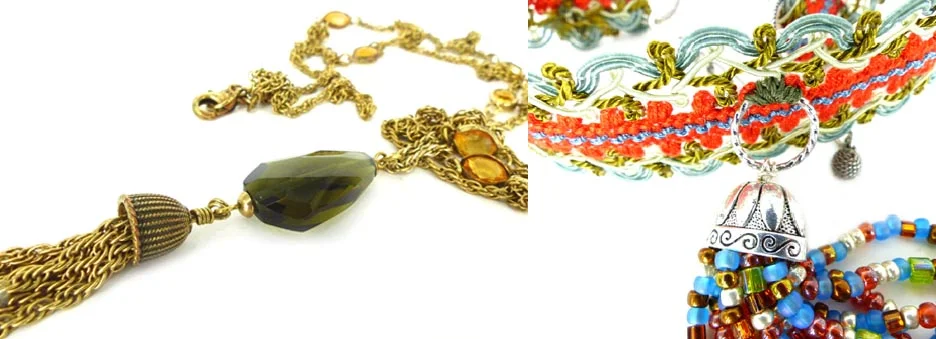 Very Gatsby antiqued gold and topaz tassel necklace & fun and funky hippie beaded choker