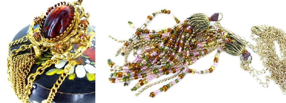 Amber and gold tassel brooch and antiqued brass super long chain neck wrap necklace