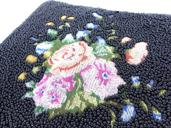 Black seed beaded purse zipper pouch with beautiful embroidered needlepoint antique rose detail