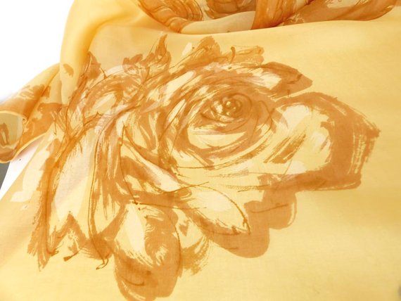 Large square silk scarf in peach and bronze old world rose and bud design