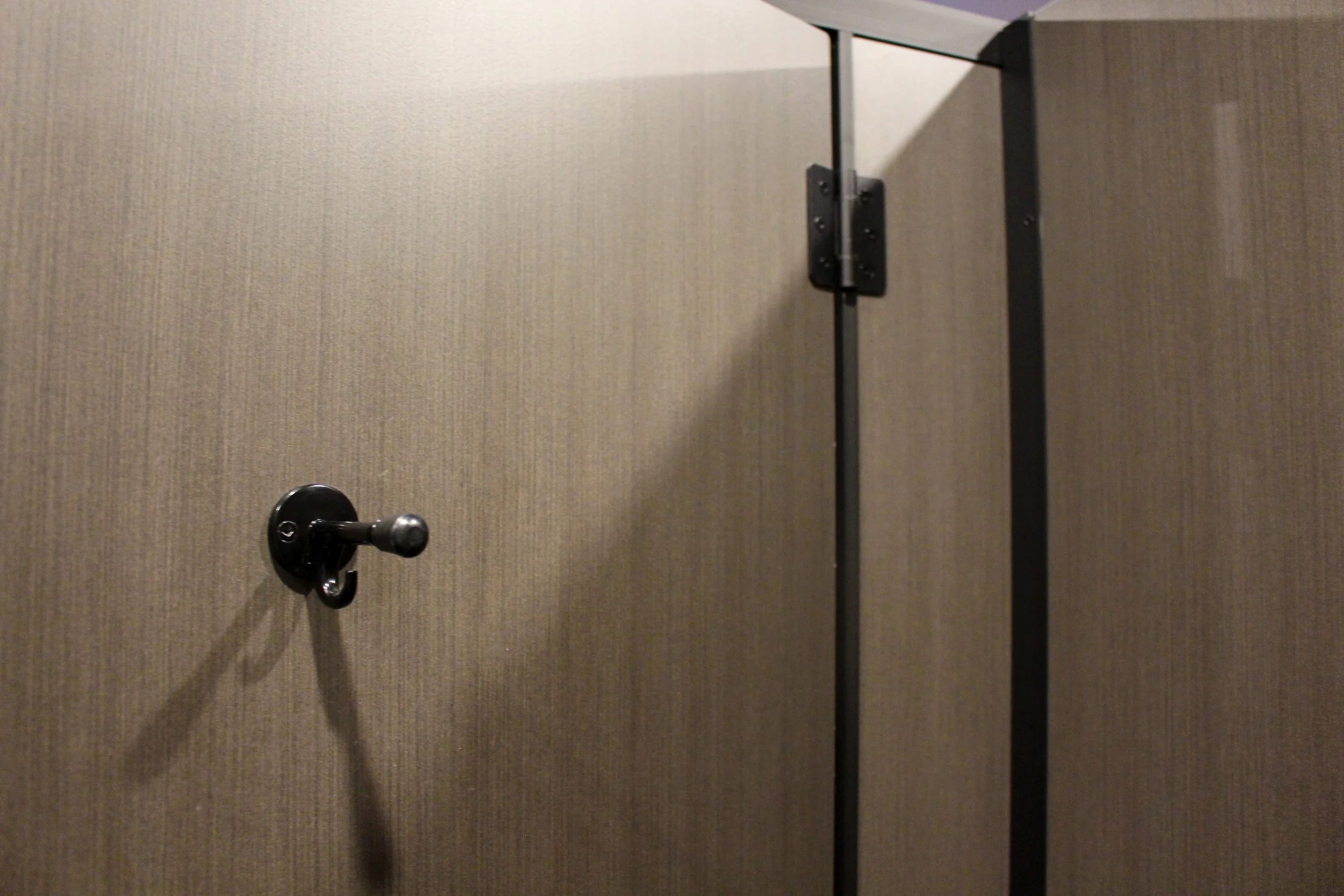 Freeform Toilet Cubicle - image from the inside, showing the hock to hang up a towel which also doubles as a door stop