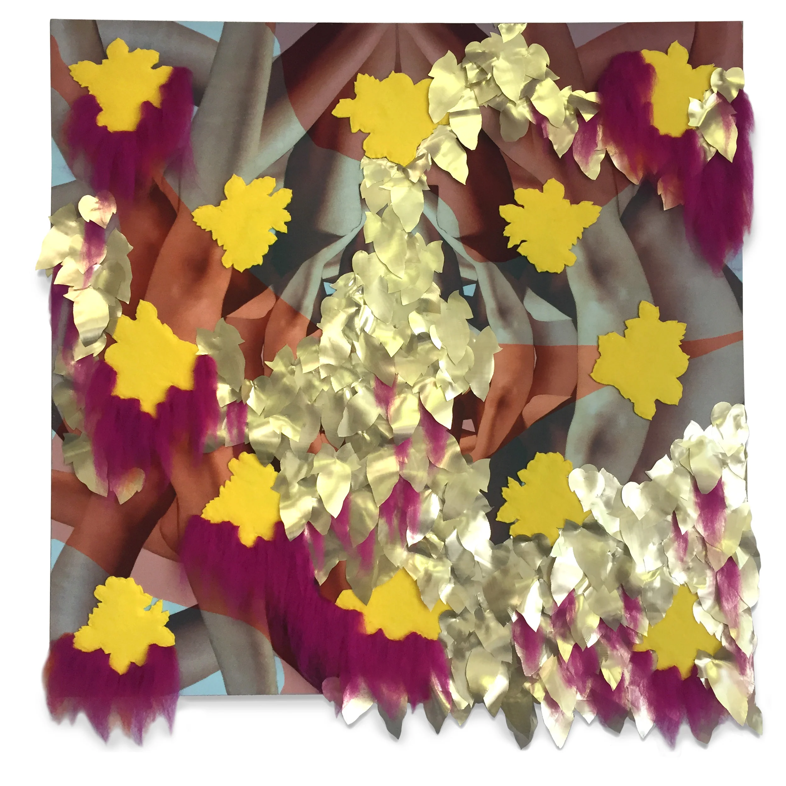   Crawling   2018  Felt, acrylic paint, synthetic gold fabric, and raw wool on digitally printed chiffon  36 x 36”    