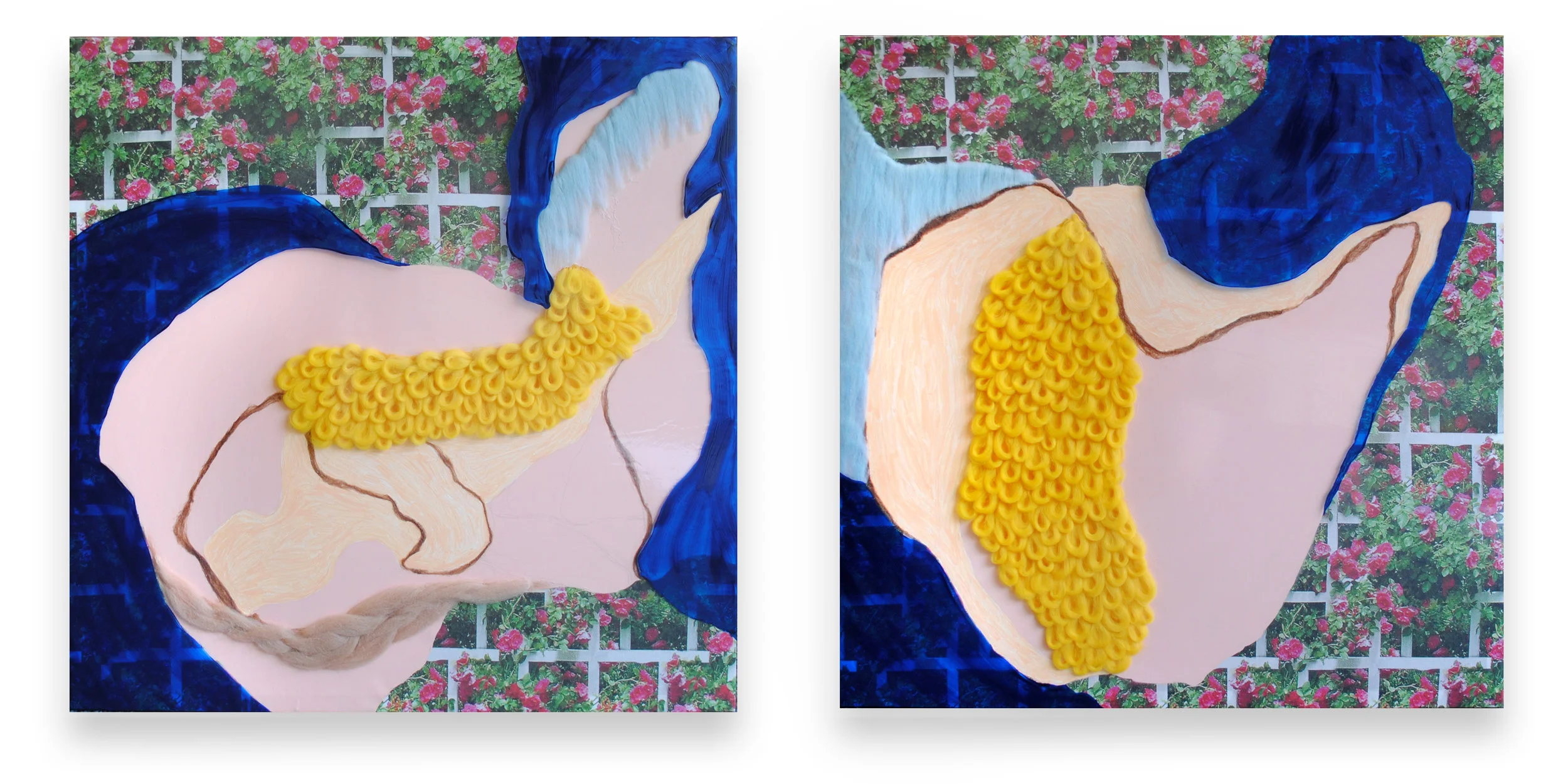   Left Knee, Right Knee  (Diptych)  2018  Raw wool, acrylic paint, and clear vinyl on digitally printed cotton  27 x 27 x 6” ea.      