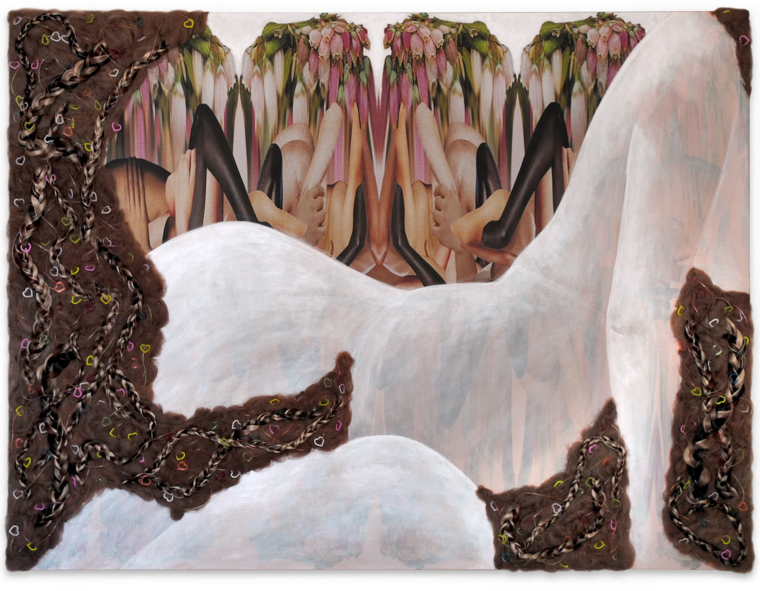   Lilith Nest   2018  Raw wool, synthetic hair extensions, plastic objects, and acrylic paint on digitally printed cotton  48 x 36”    