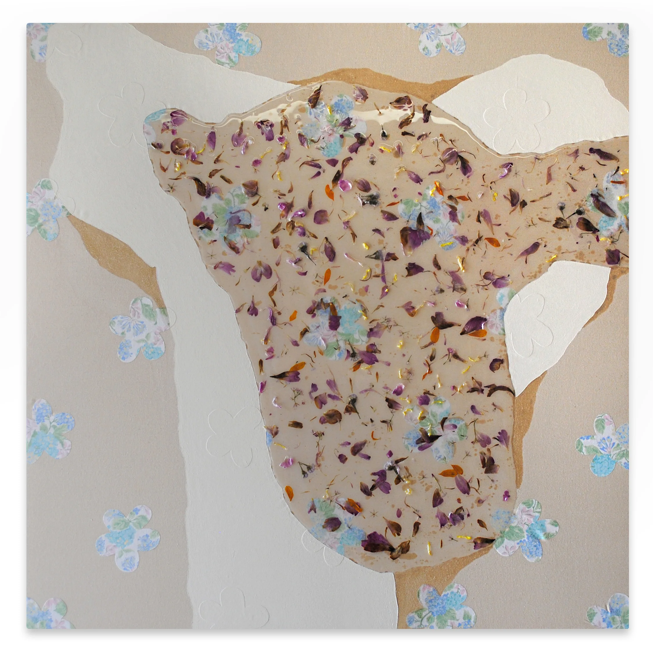   Early Dew   2018  Acrylic paint, commercial fabric, pressed flowers, and epoxy resin on raw muslin  36 x 36”      