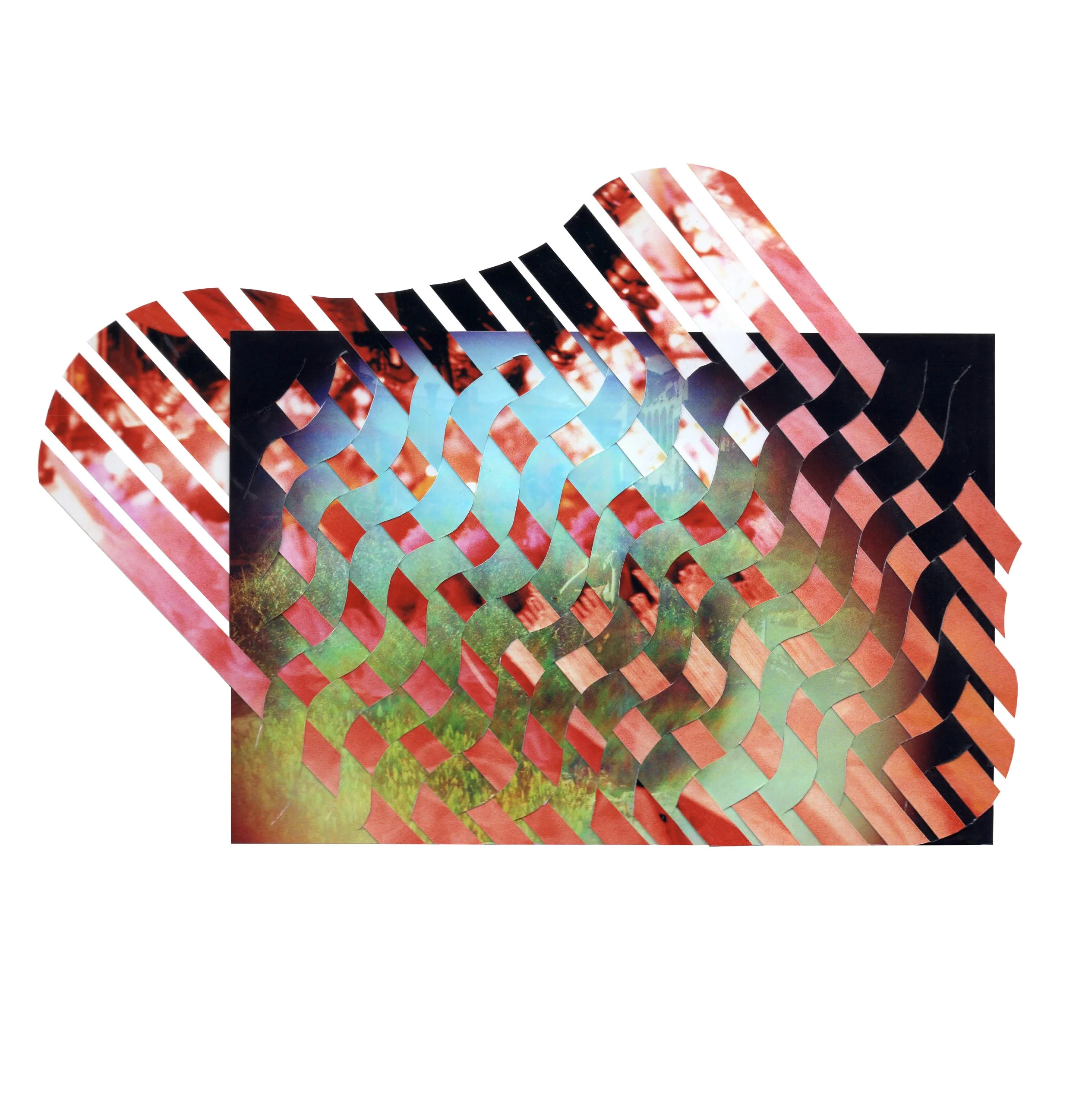   Photo Collage 1   2023  Woven photographs mounted on paper  8 × 8” 