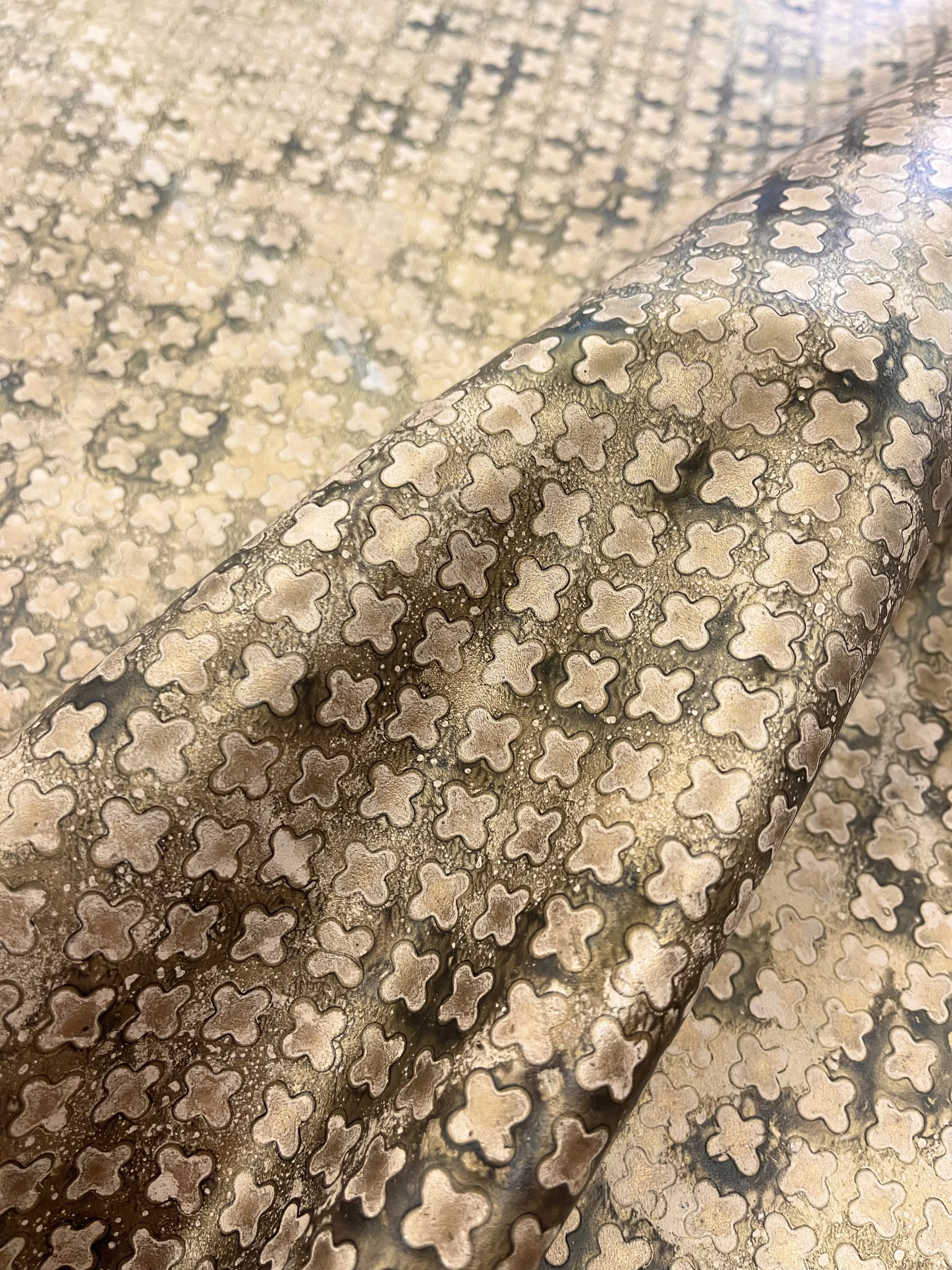  resist printed design on Maude leather in color oyster with bronze and gold paint #100.950.i.03.g.002 