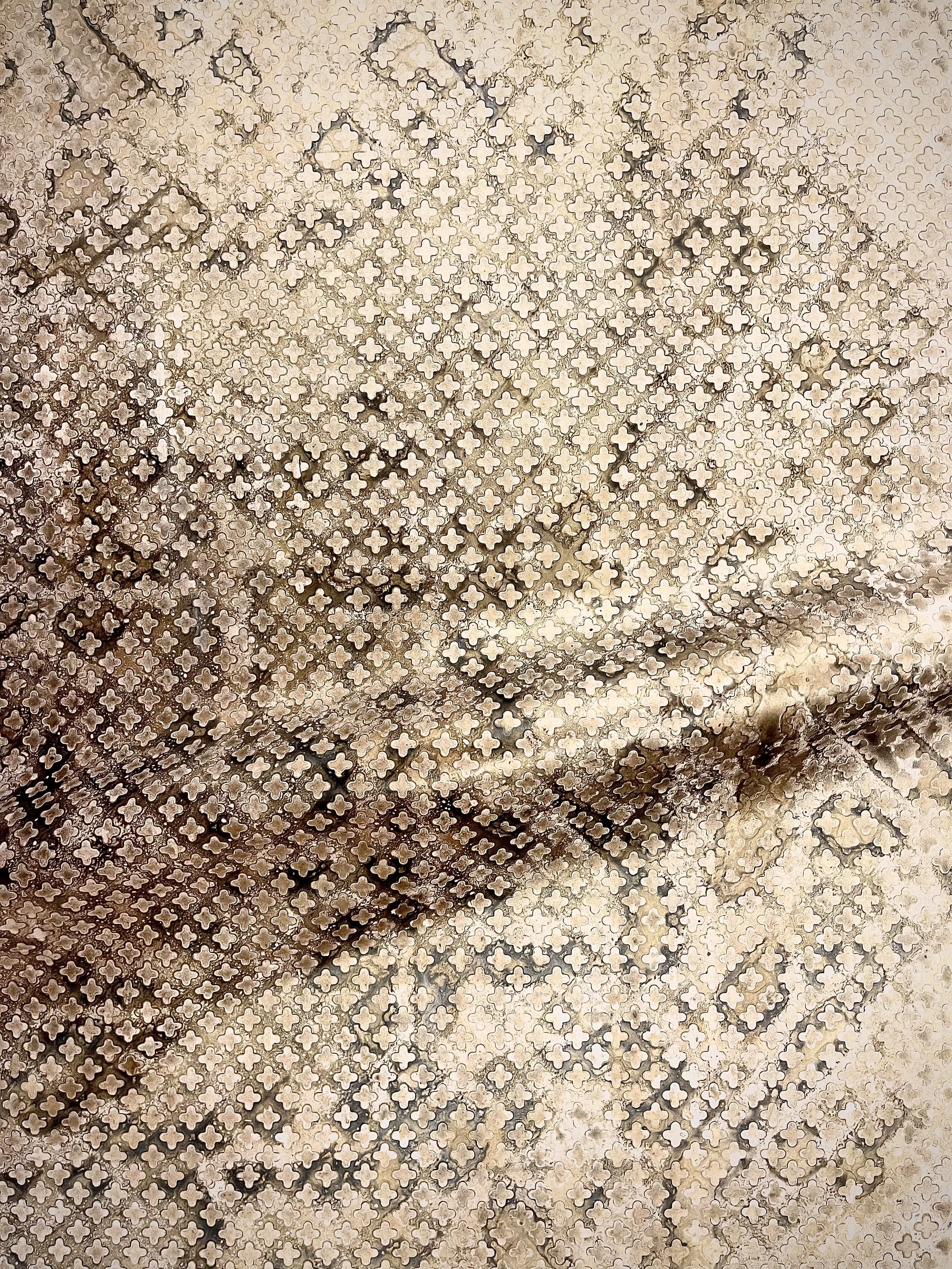  resist printed design on Maude leather in color oyster with bronze and gold paint #100.950.i.03.g.002 