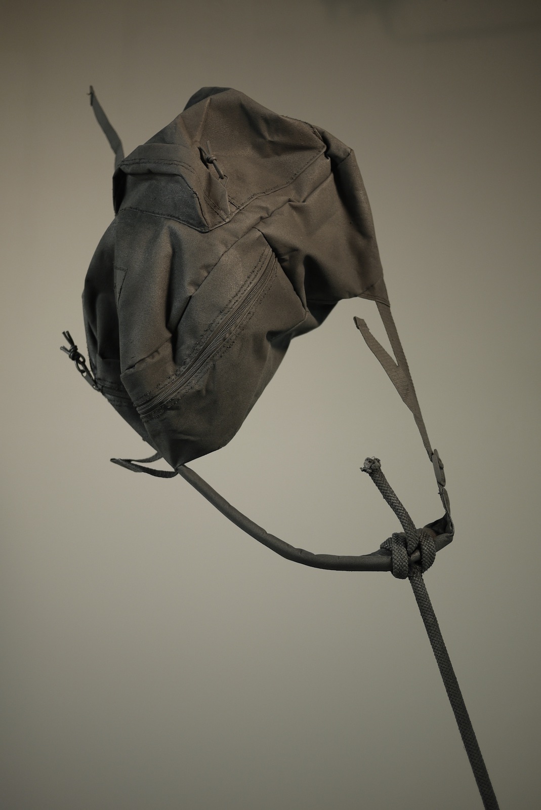   Time Alone, 2014, 106"x22"x4'' , wood, steel, backpack, rope, paint  