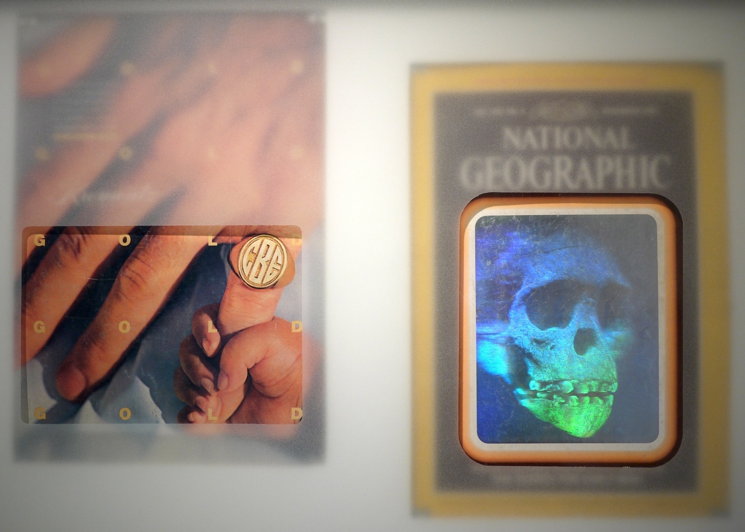  November 1985, 2014, 15"x20", two November 1985 issues of National Geographic, wood, frame, frosted&nbsp;glass 