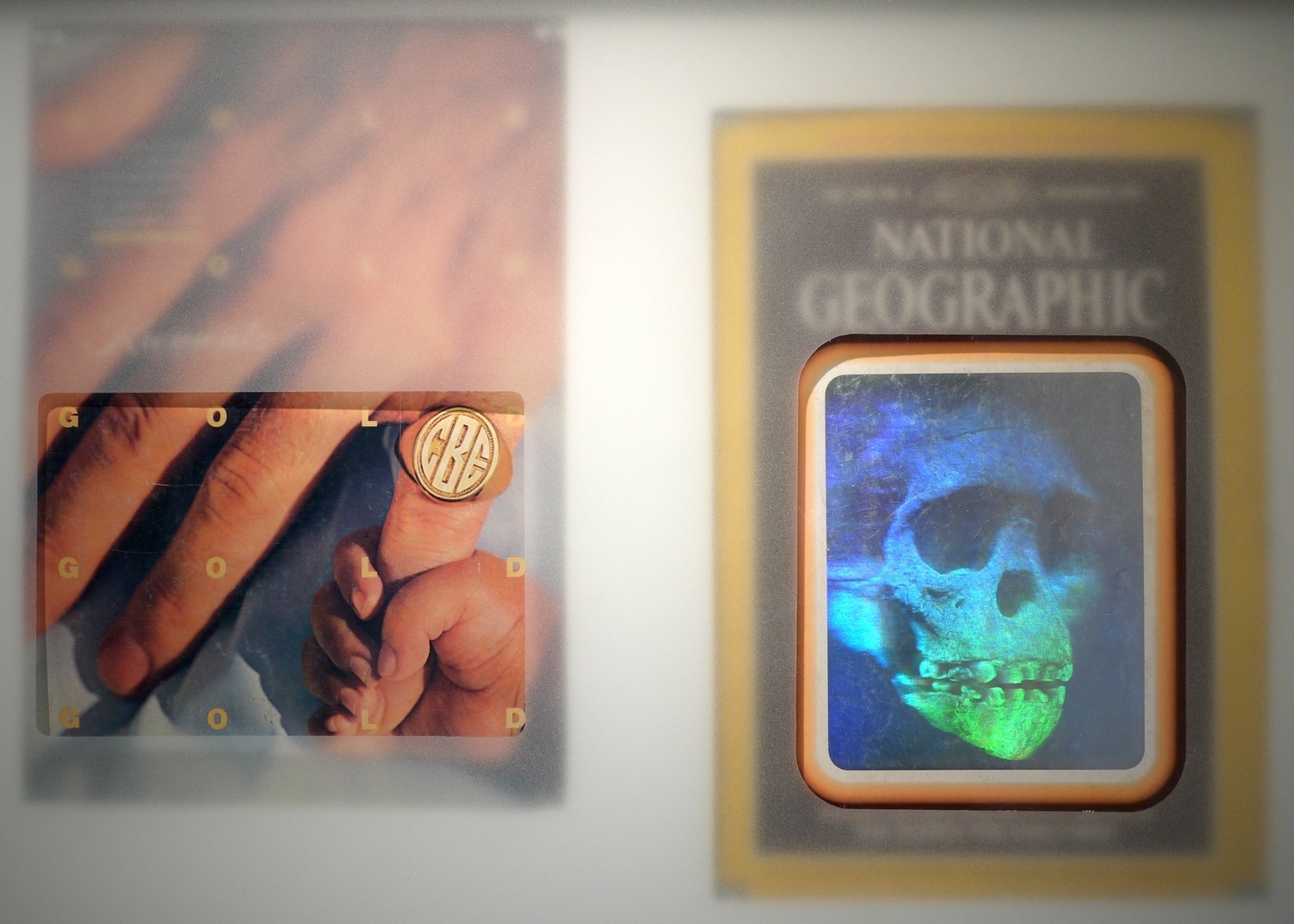 November 1985, 2014, 15"x20", two November 1985 issues of National Geographic, wood, frame, frosted glass