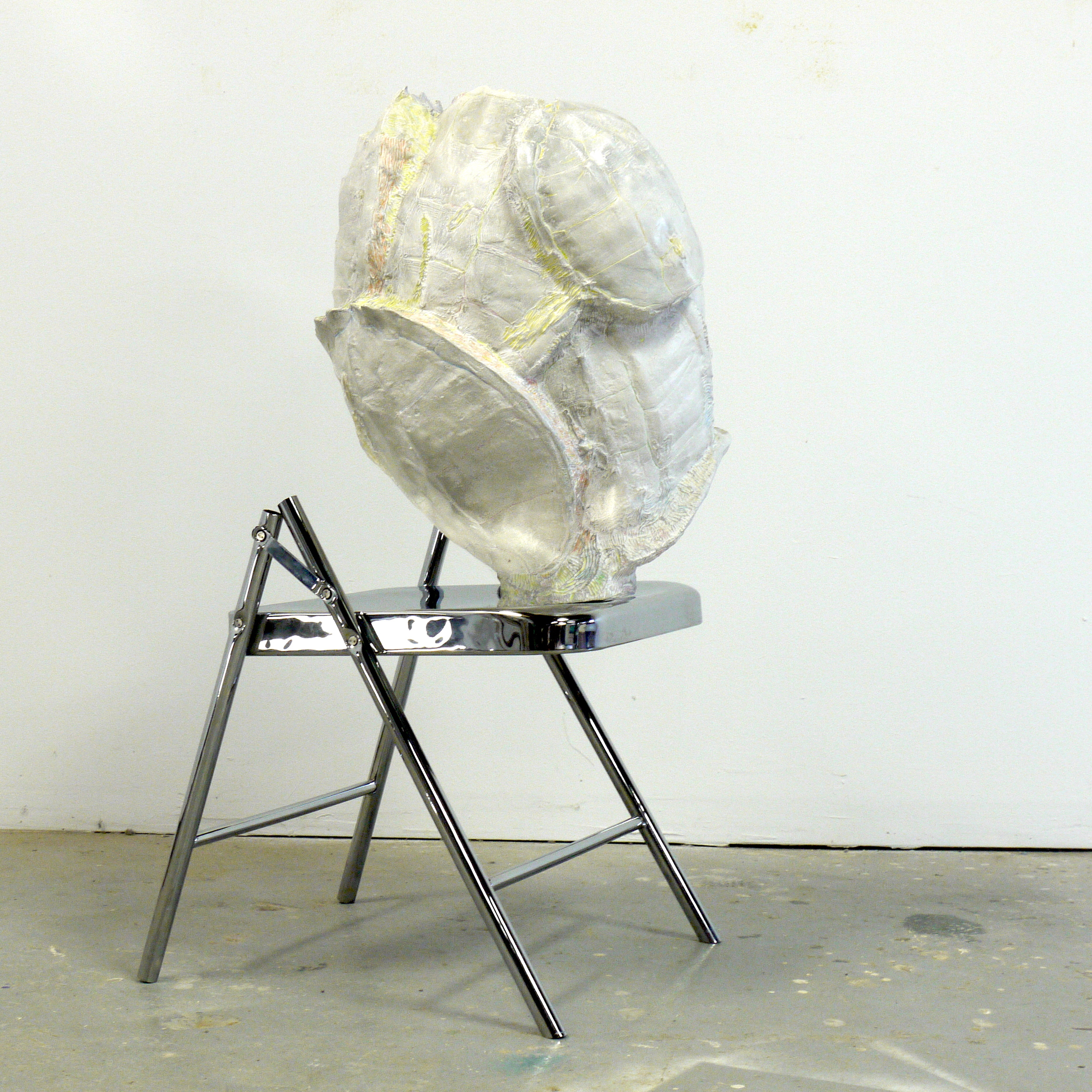  The Gut, 2014, 21"x22"x38", chromed folding chair, Forton MG, graphite, color pencil          