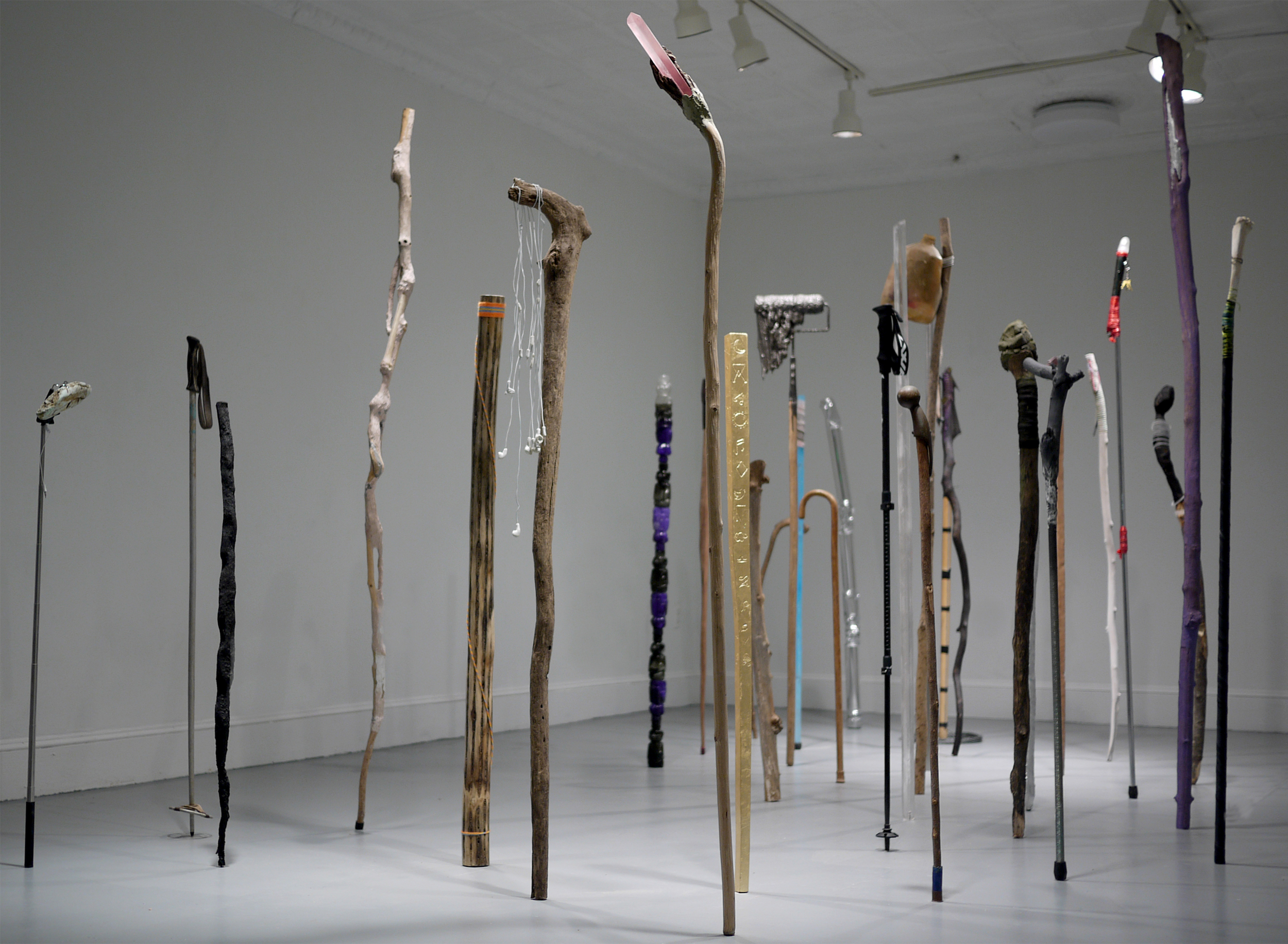  Drifter History, 2015, dimensions variable, found and fabricated walking sticks 