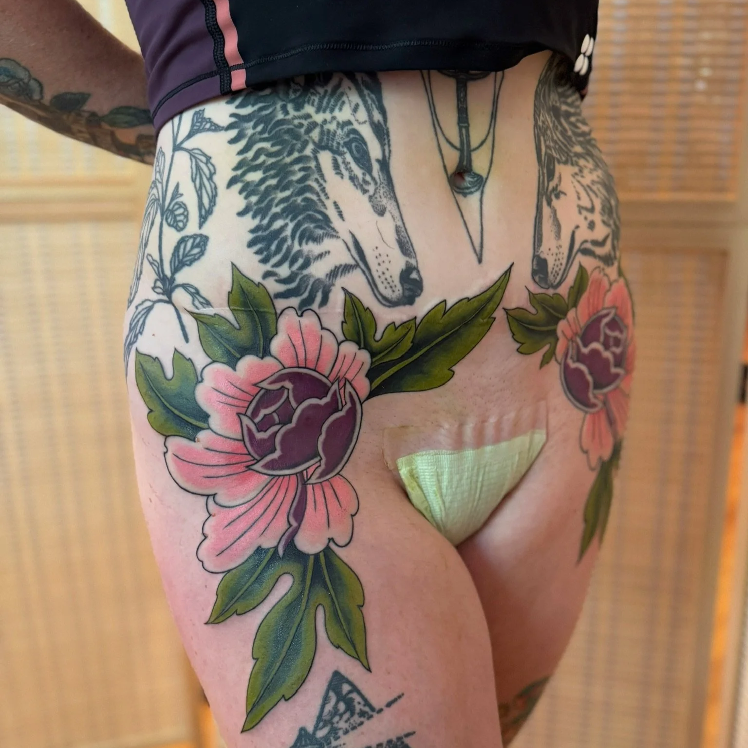 Surgical scar coverup across low belly (florals and leaves only by me)