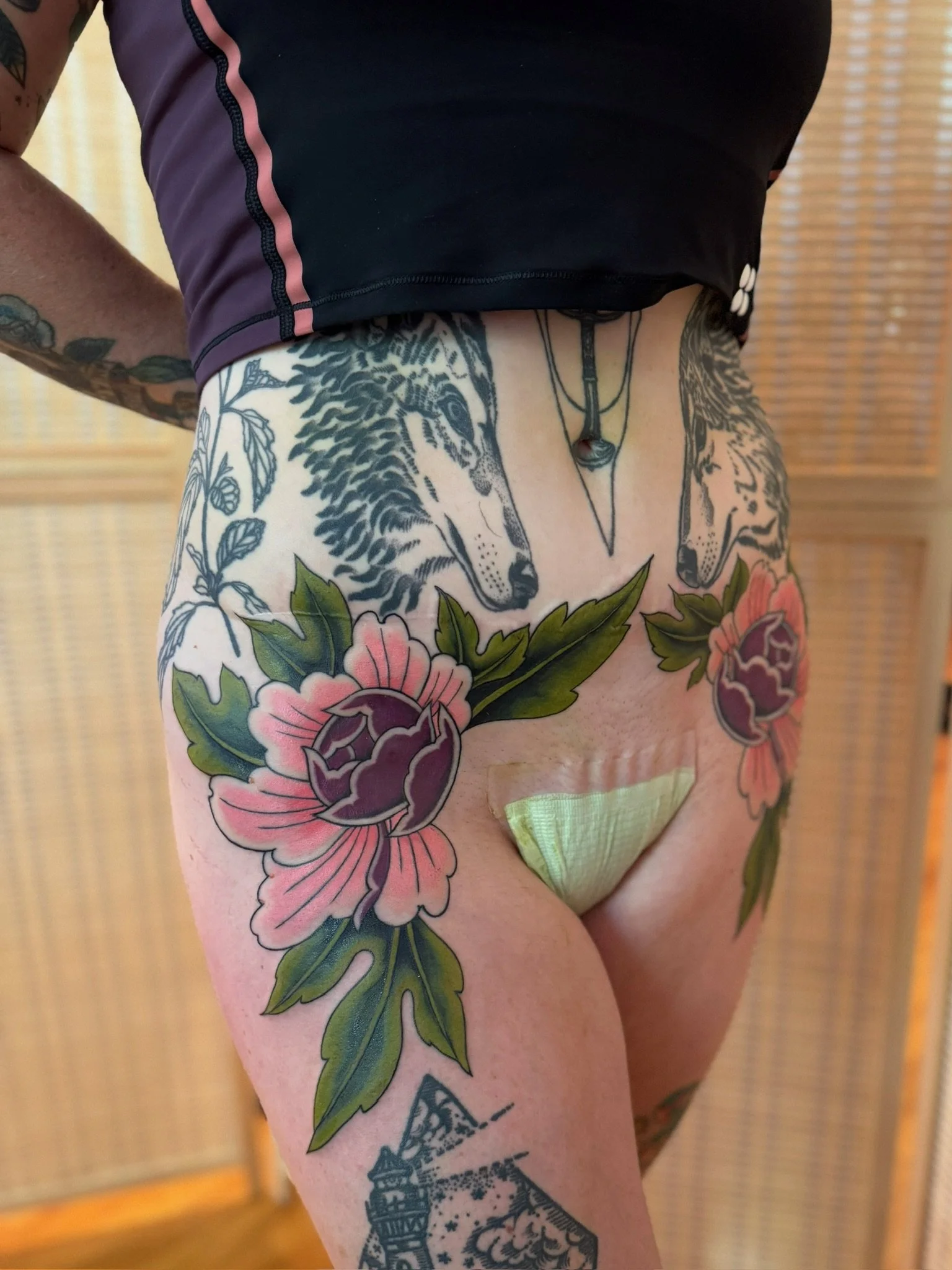 Surgical scar coverup across low belly (florals and leaves by me)