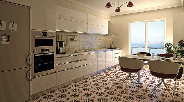 Kitchen with clean lines make a statement with encaustic cement tiles