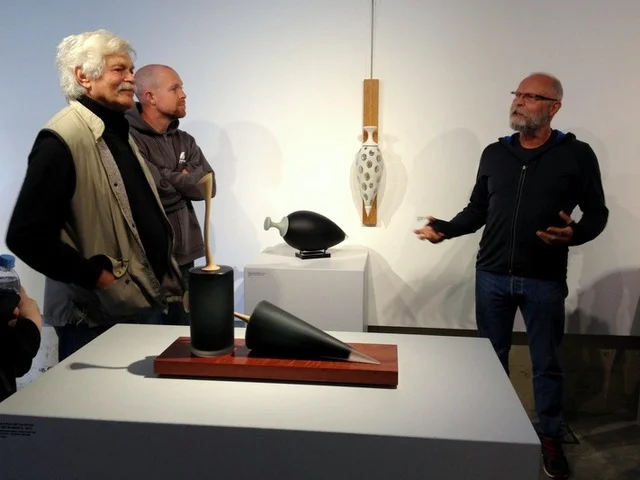 Klaus Moje, Brian Corr, and Nick Mount at the Canberra Glassworks.