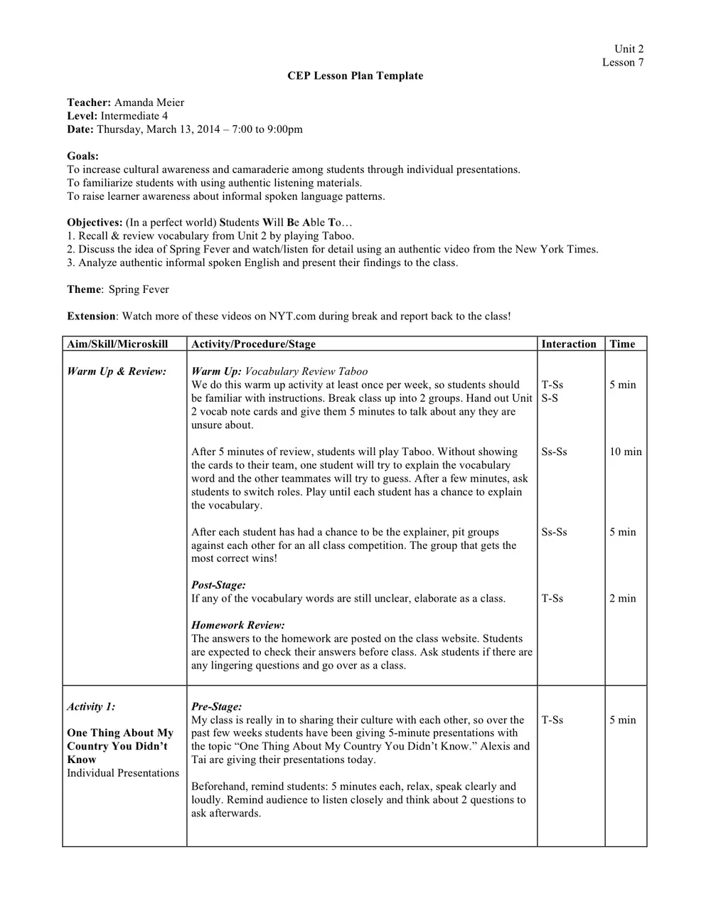 Sample Lesson Plans I4 — Amanda Meier