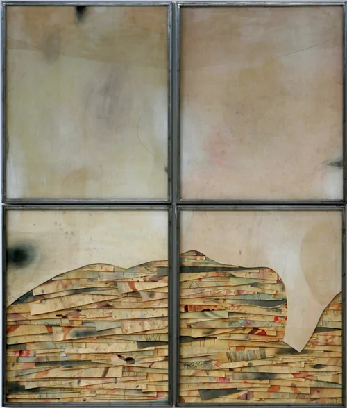Umberto Manzo senza titolo, 2013 tecnica mista su carta, tela su legno, acciaio, vetro \ mixed media on paper and canvas on wood, steel and glass cm 200x170