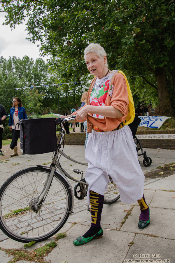 Dame Vivienne Westwood wearing Climate Revolution stockings, about to embark on her Clean Air cycle ride