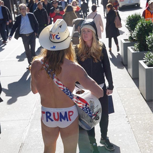 Today around 2pm EST, I witnessed a protest outside Trump Tower in NYC. A Trump impersonator was there along with NYC's Naked Cowboy (featured in this photo). I think the photos speak for themselves. #nyc #trumpprotest #nbc4you #ktla #latimes #abc7ey