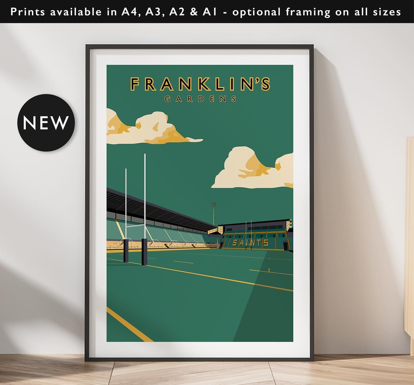 NEW: Franklins&rsquo;s Gardens - Black, Green &amp; Gold Edition

Get 10% off until midnight with the discount code: 
THE-SAINTS 

Shop now: matthewjiwood.com/rugby/franklin&hellip;

Prints available in A4, A3, A2 &amp; A1 with optional framing

#Nor
