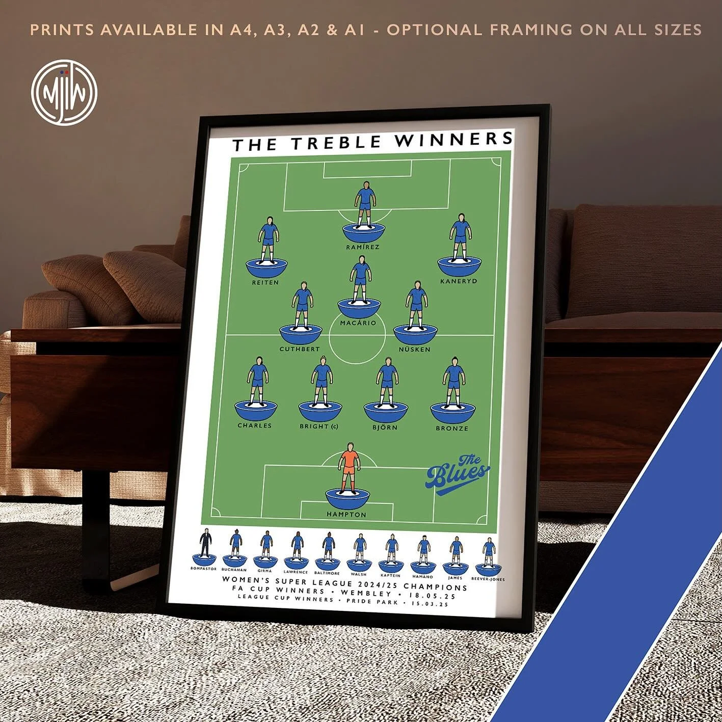 Chelsea FC Women The Treble Winners 24/25 

Get 10% off until midnight with the discount code:
THE-BLUES

Shop now: matthewjiwood.com/subbuteo-teams&hellip;

Prints available in A4, A3, A2 &amp; A1 with optional framing 

#CFCW #Chelsea #WSL