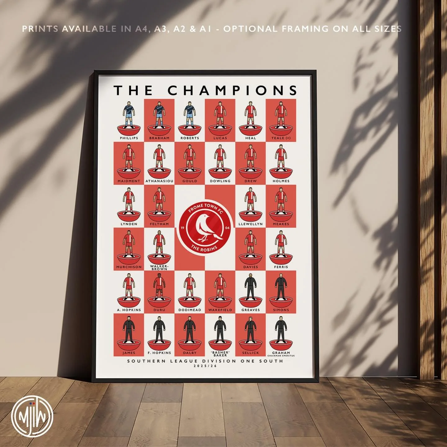Frome Town The Champions 25/26

The club will be stocking more A4 &amp; A3 prints so buy direct from @FromeTownFC to save on postage.

For larger sizes &amp; frames visit: matthewjiwood.com

Get 10% off until midnight with the discount code:
THE-ROBI