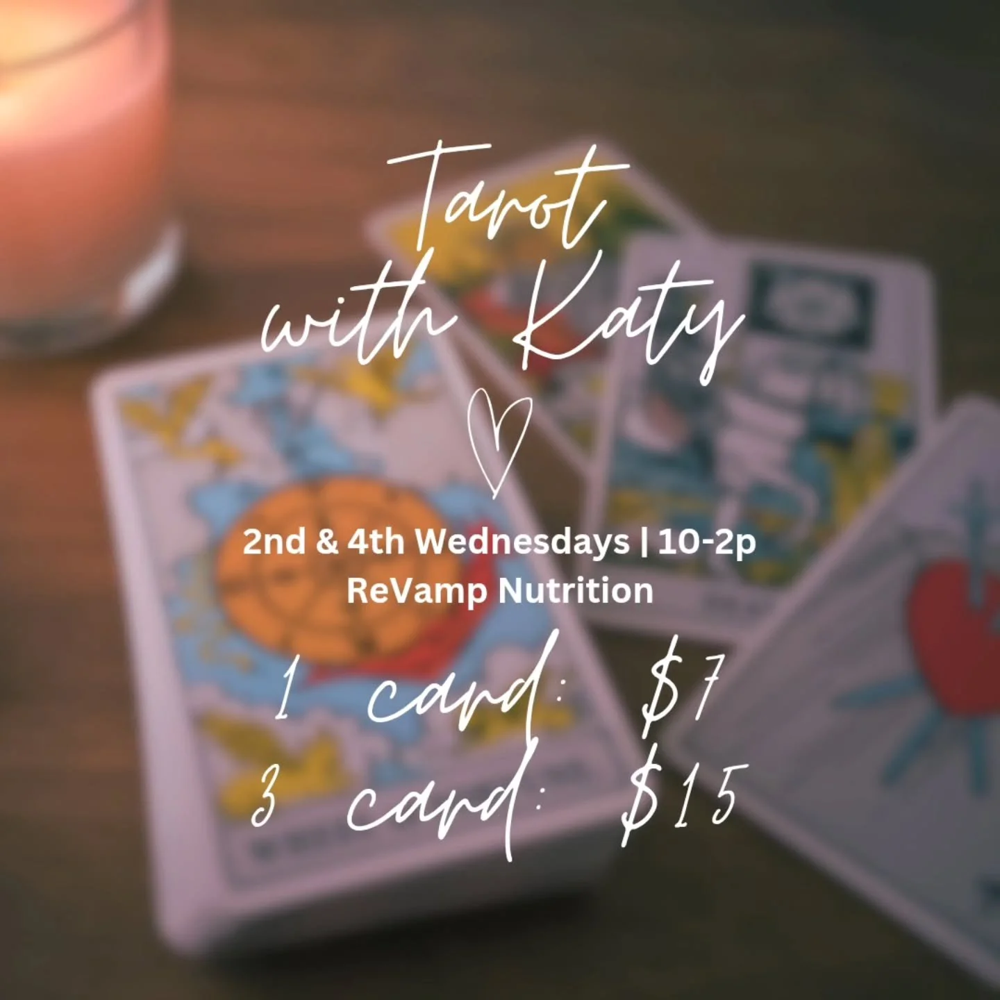 Tarot returns to @revamp_whitewater the 2nd and 4th Wednesdays from 10-2p for 1 or 3 card readings! ✨️

Come for insight.
Come for support.
Come to grab a protein shake, a hug, and an answer to a burning question.

See you then! 😘