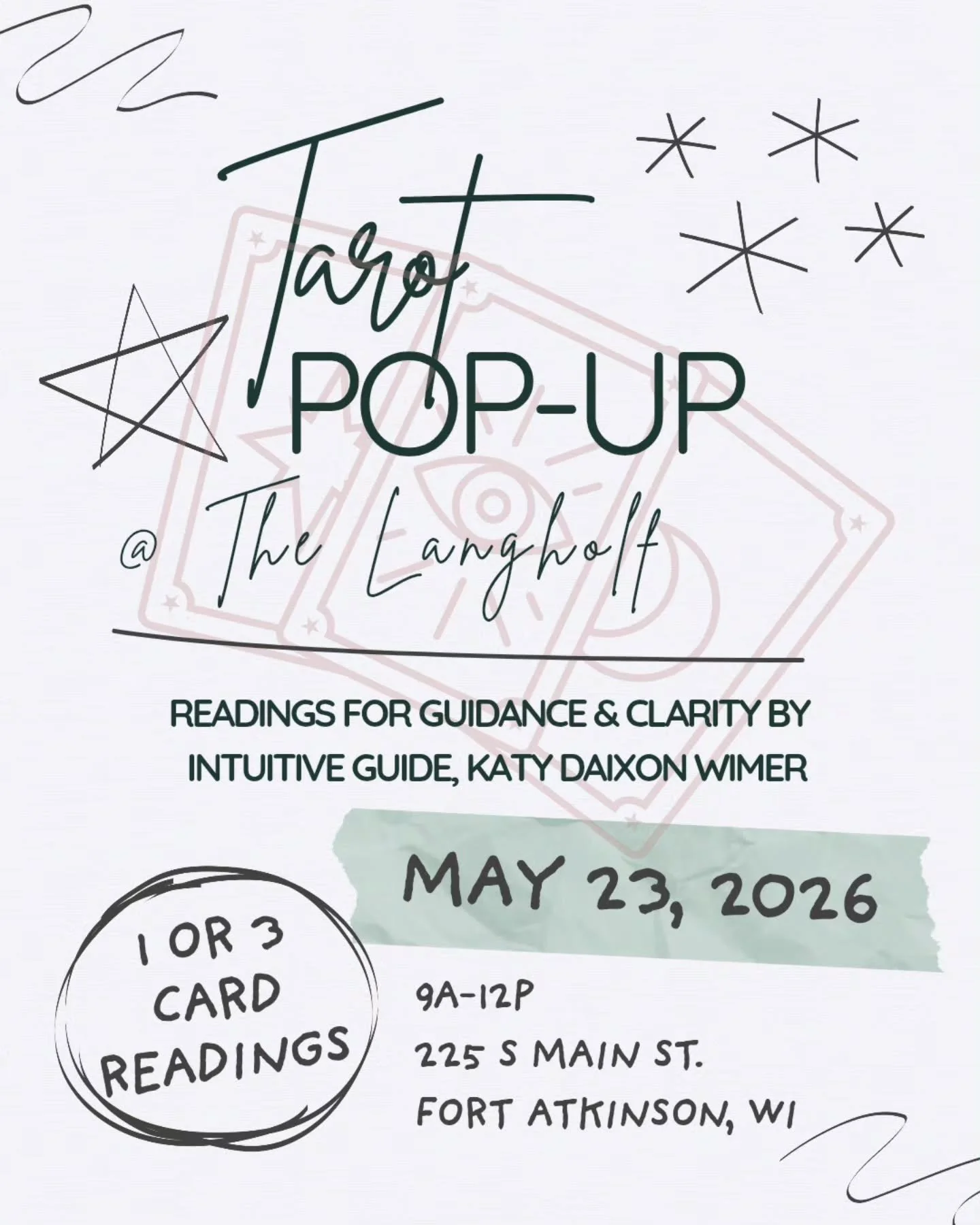 ✨️Tarot Pop-Up at The Langholf in Fort Atkinson May 23 from 9-12p! ✨️

I'll be hangin' out at this delightful coffee spot ☕️ sippin' @nordskovcoffee cold brew and offering 1 ($7) or 3 ($10) card readings! Snag a 3 card reading and receive a complimen