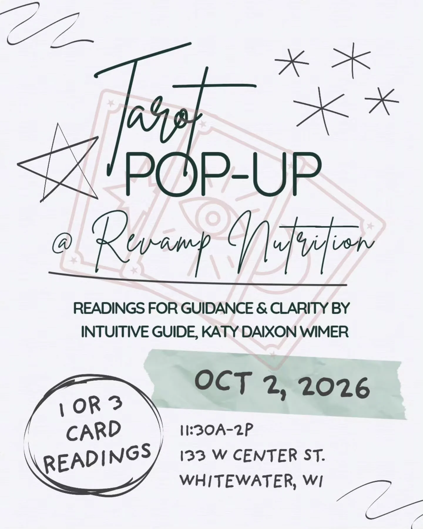 ✨️Pop-Up Tarot with Katy Daixon Wimer is back at Revamp Nutrition!

October 2nd from 11:30a-2p, gather insight on what's coming up for you right now as the season invites us deeper inward.

✨️ 1 card = $10
✨️ 3 cards = $20 (+ receive an oracle card f