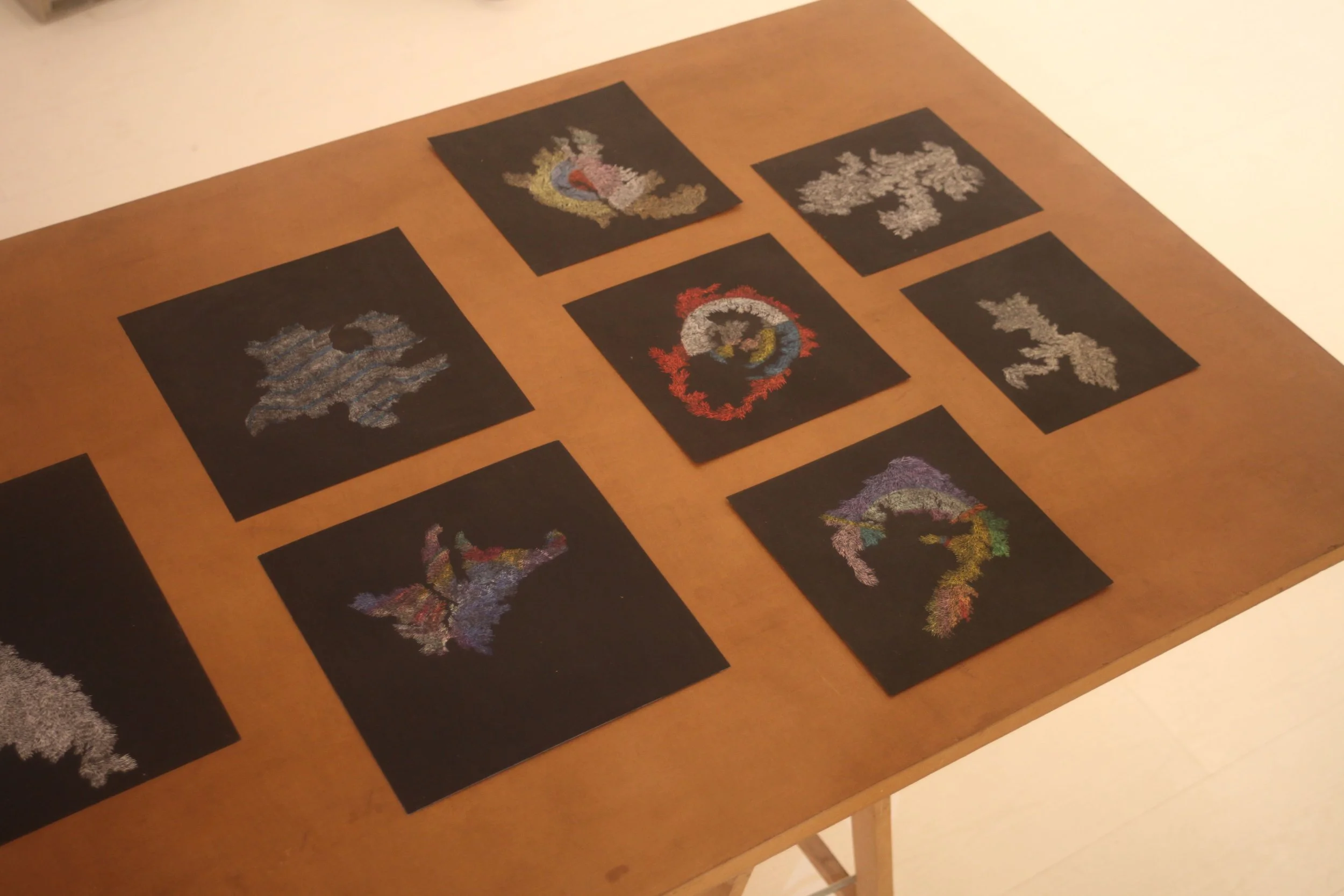 Pastels on Paper , Oil on Needle , 2017 Installation View during Quelque chose comme le dessin at L'Entrepôt Daniel Boeri Gallery, Monaco, MC. From top left to bottom right: 24,9 x 25 cm, 25 x 25 cm, (x3) 20,8 x 21 cm, 17,5 x 20,5 cm, 17 x 19,5 cm