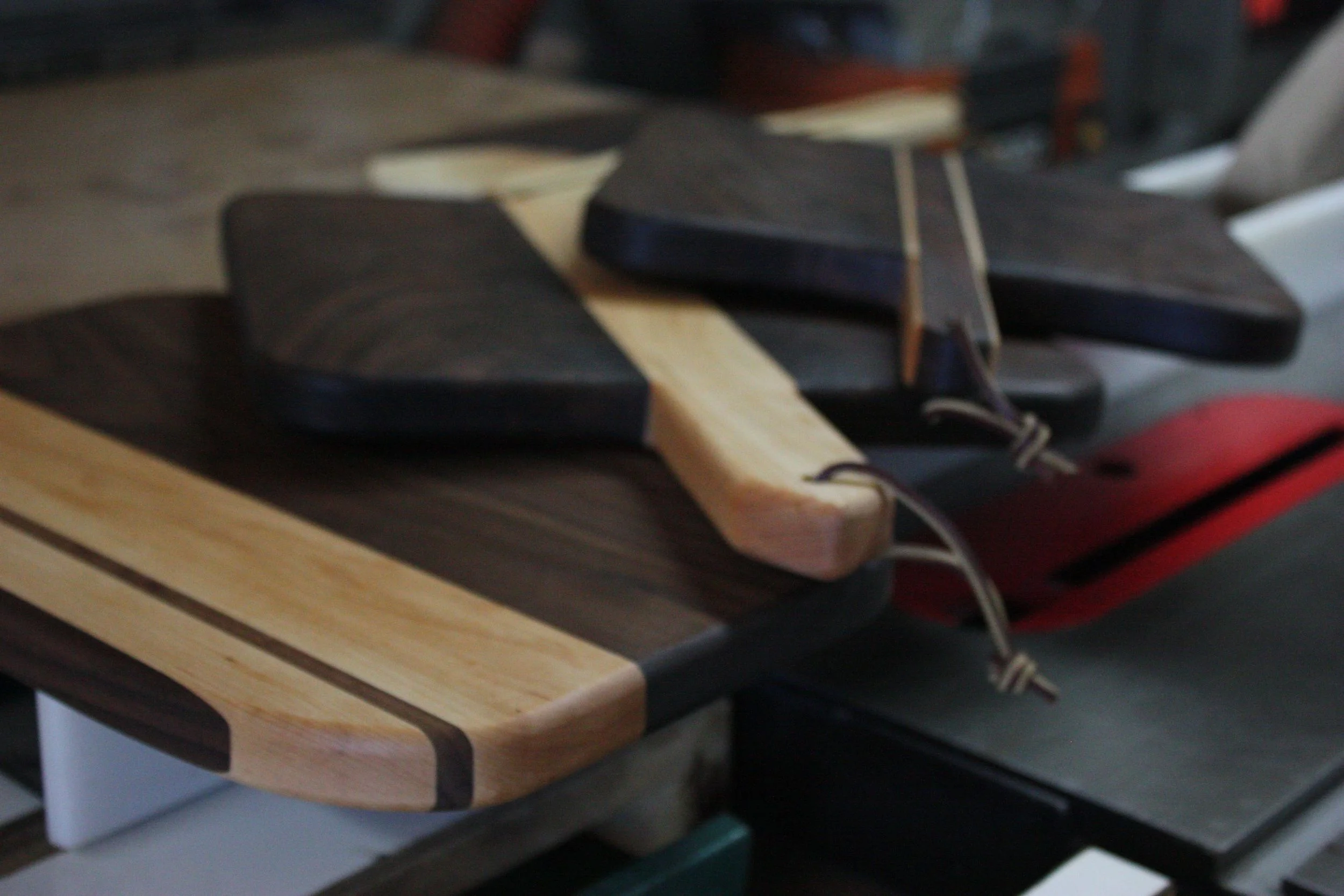 Up close shot of the boards and the leather bands.