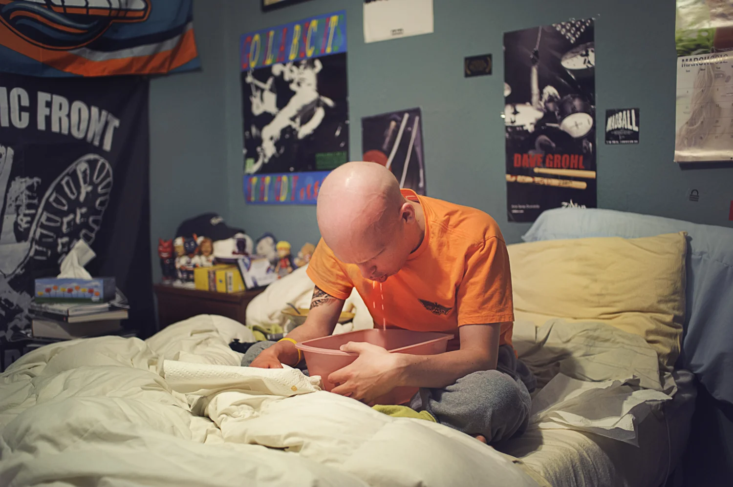  Mitch vomits from the combination of his medication and what little food he is able to eat.&nbsp;  Mitch, diagnosed at age&nbsp;20, &nbsp;was required to undergo approximately 19 alternating weeks of radiation treatment combined with chemotherapy in